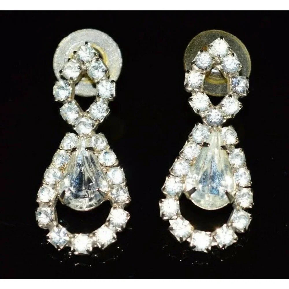 Vintage Styled Clear Rhinestone Dangle Post Earrin